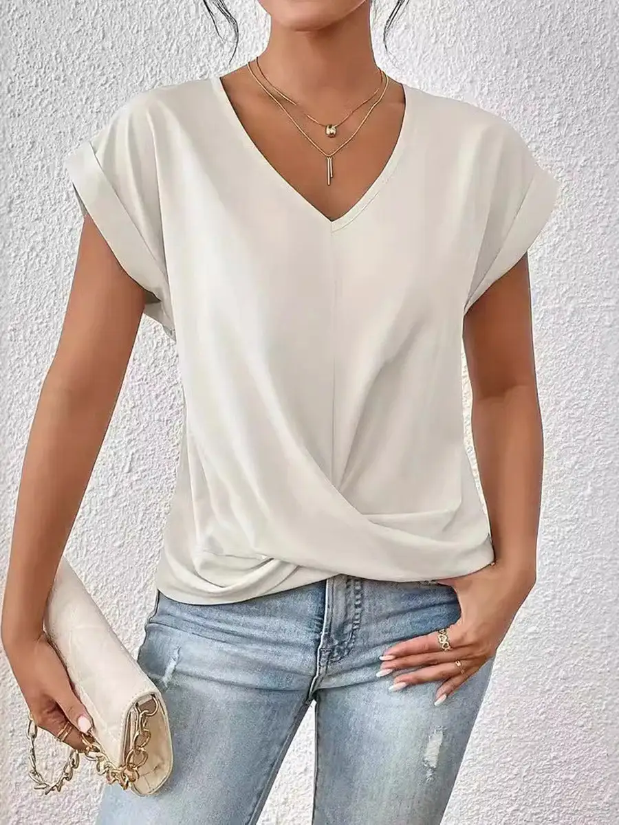 Relaxed Curve Fit Pleat Detail V-Neck Polyester T-Shirt