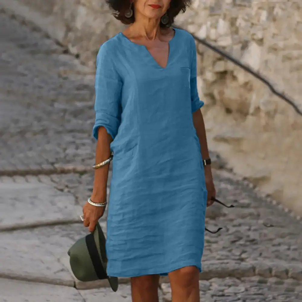Women's V-Neck Three-Quarter-Sleeve Pocketed Dress