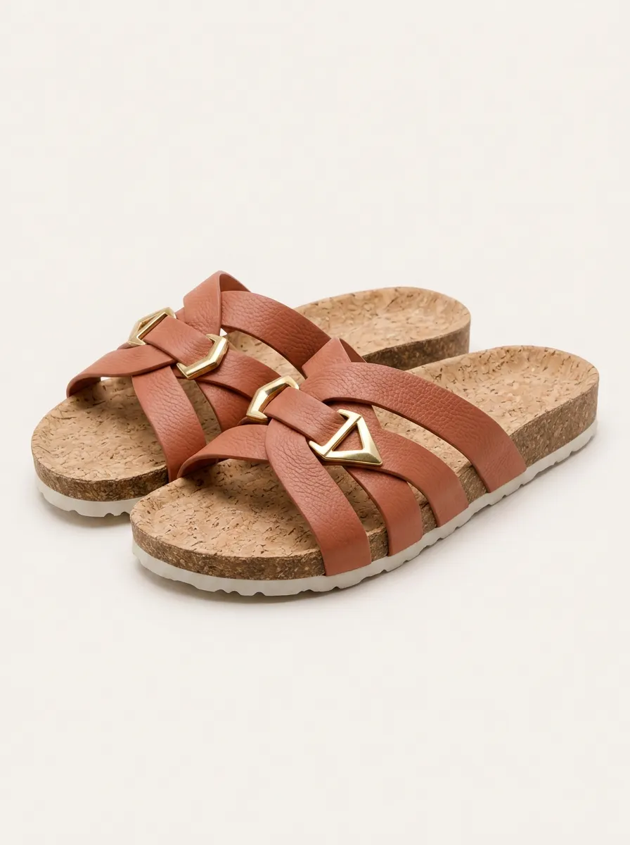 Women's Casual Summer Brown Strappy Gold Buckle Cork Sandals