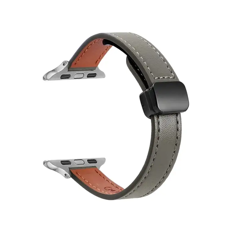 Slim Magnetic Buckle Genuine Leather Watch Band for Watch SE 40 mm - Plain Avocado Green