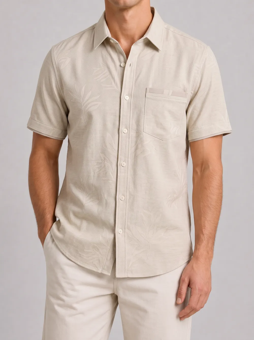 Men's Casual Summer Tropical Leaf Printed Button-up Shirt