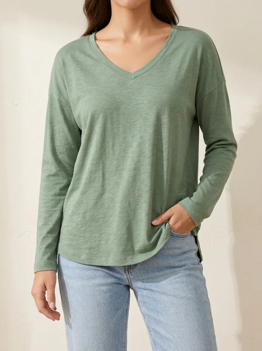 Easygoing V Neck Cotton Feel Women's Long Sleeve Tee