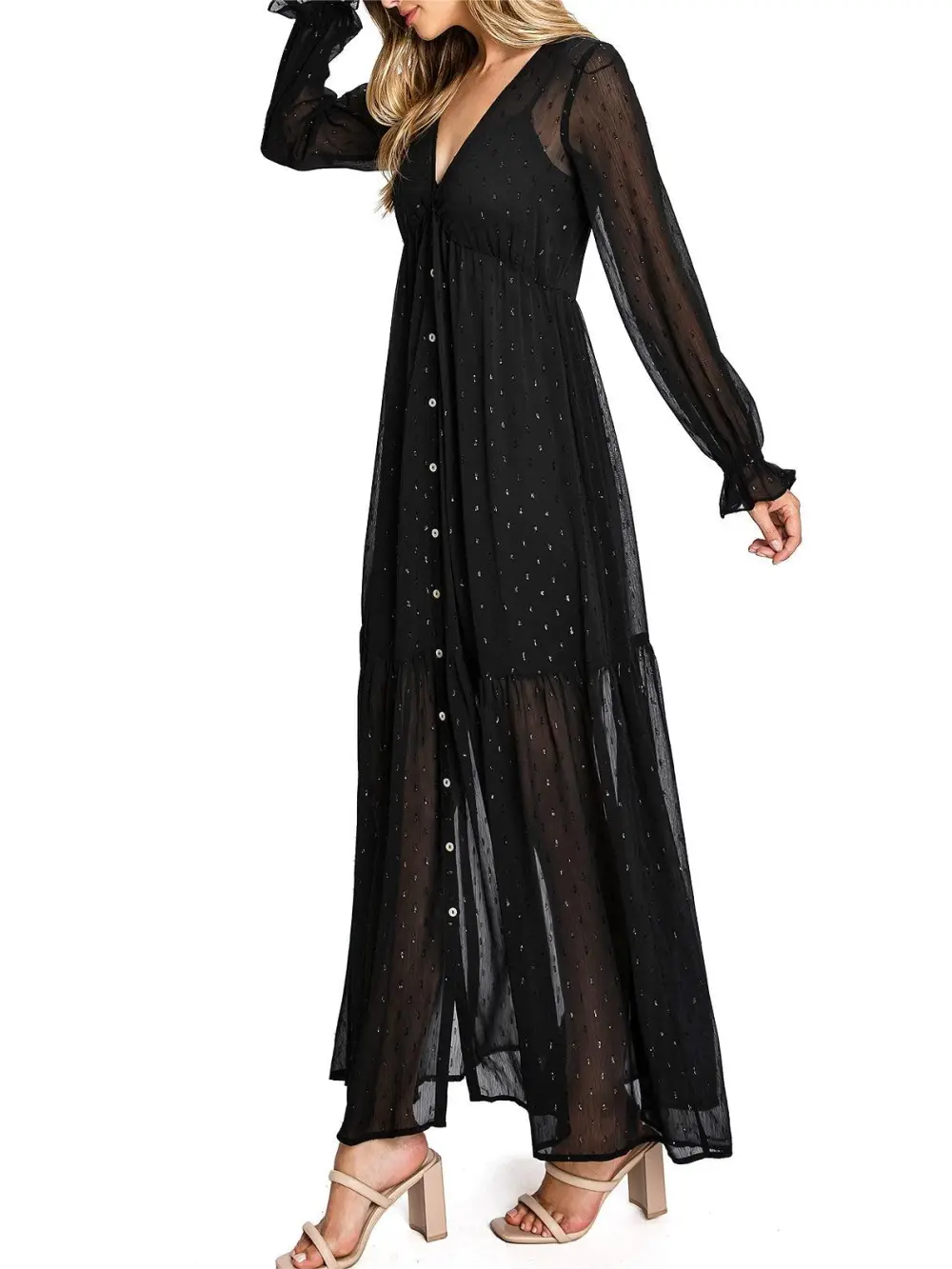 V-Neck Ruffle Sleeve Maxi Dress