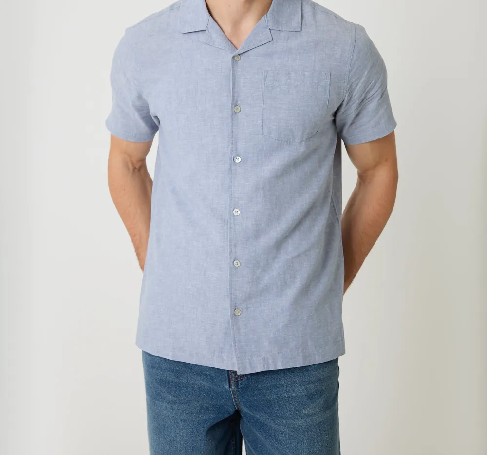 Denim Blue Linen-Cotton Blend Short-Sleeve Shirt