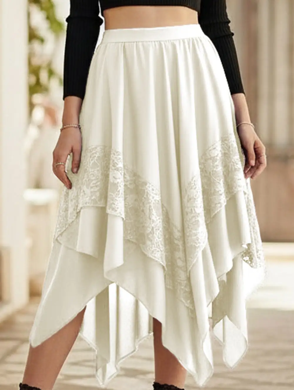 Lace Asymmetric Midi Skirt