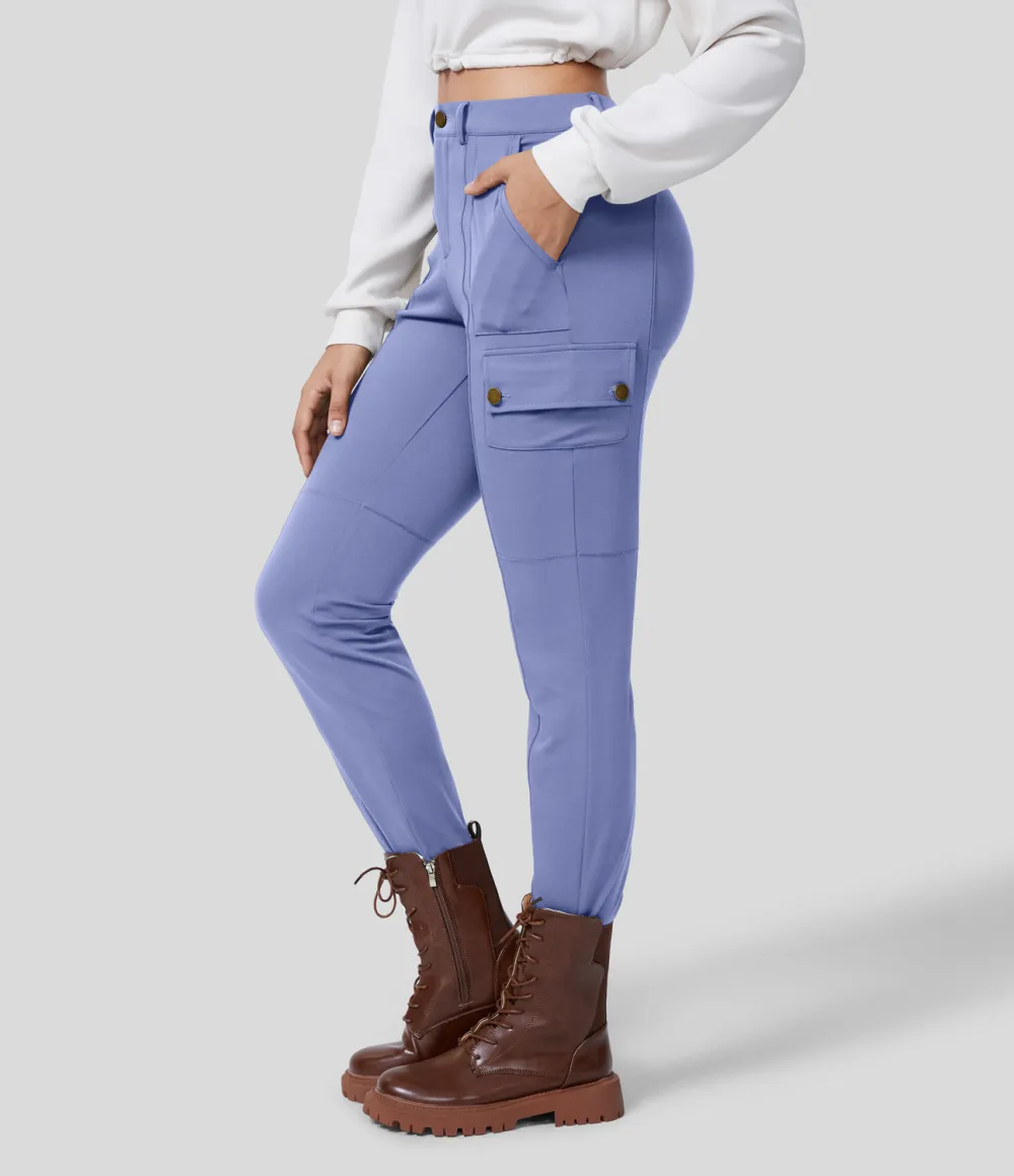 High Waisted Button Zipper Multiple Pockets Solid Skinny Cargo Pants