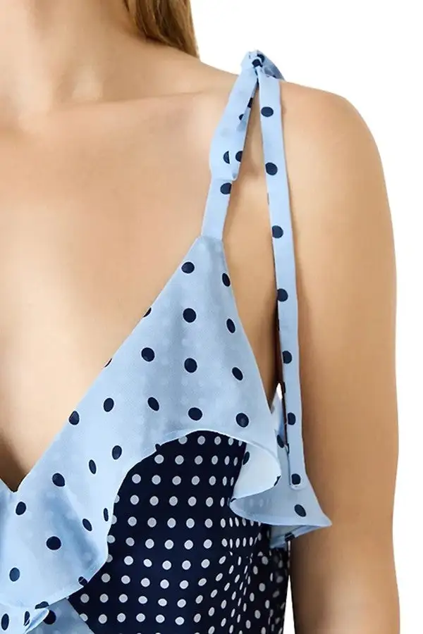 Blue Polka Dot Ruffle Chiffon Cami Top