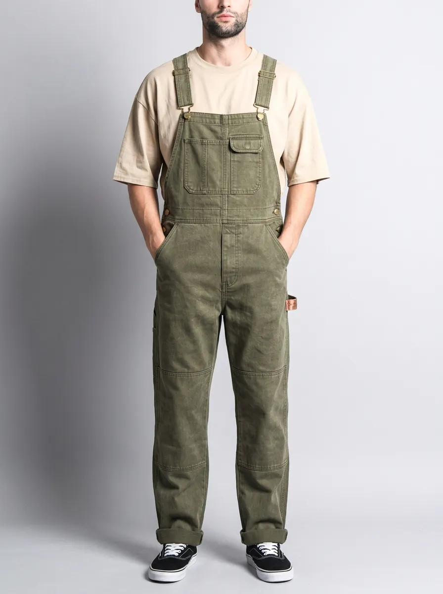 Men's Casual Olive Green Cotton Canvas Utility Overalls