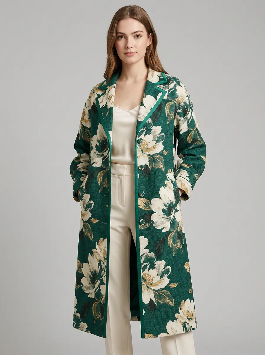 Women's Floral Lover Green White Botanical Printed Long Coat