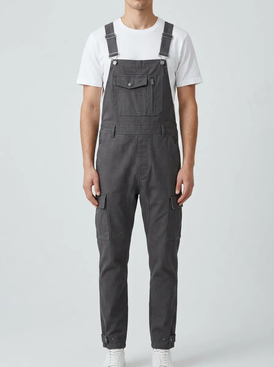 Men's Casual Utility Charcoal Cargo Bib Overalls