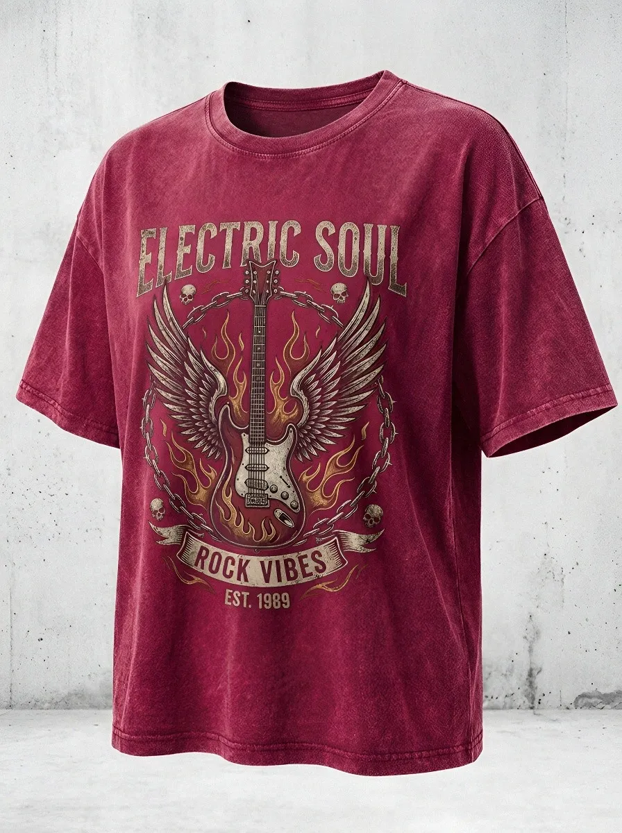 Unisex Rock Music Lover Electric Guitar Wings Printed T-shirt