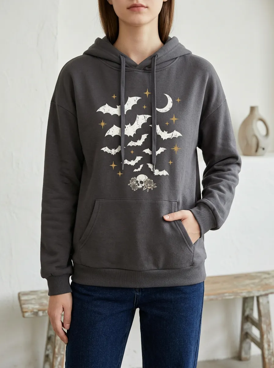 Women's Halloween Gothic Skull Bat Moon Printed Hoodie