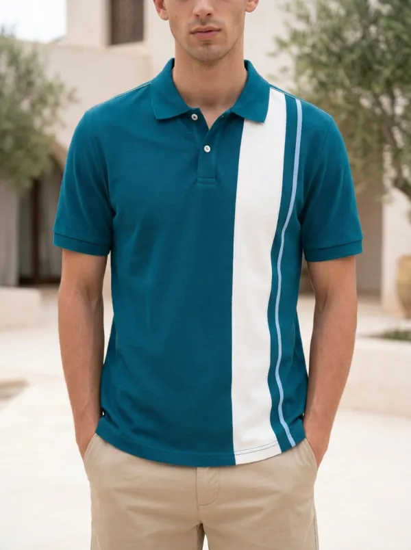 Men's Casual Navy White Vertical Stripe Polo Shirt