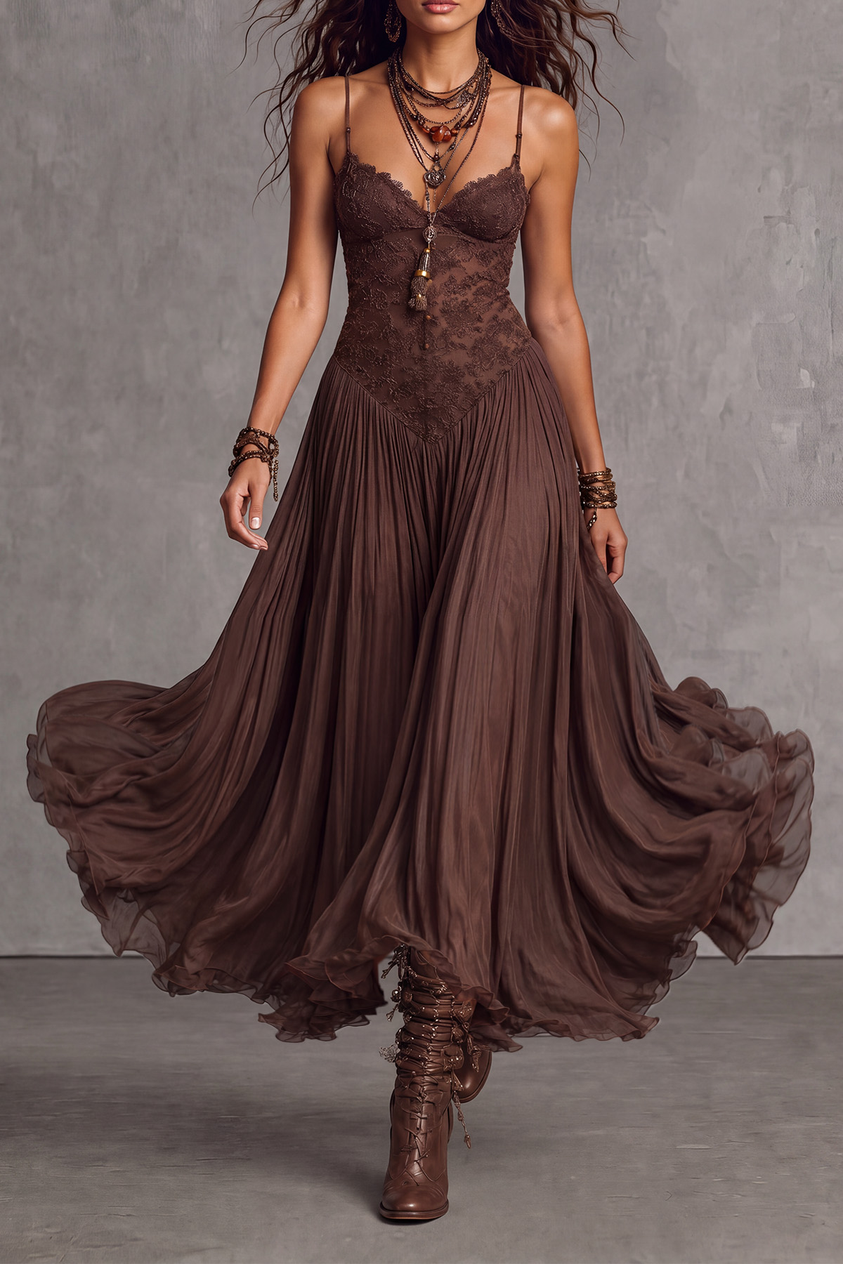 Spaghetti Strap Lace Trim Lace Maxi Dress