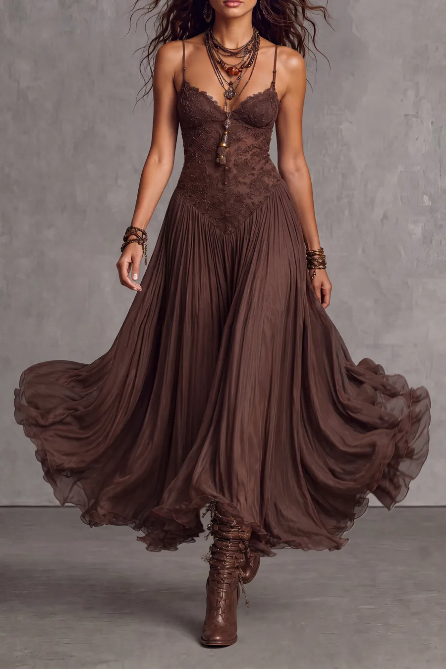 Spaghetti Strap Lace Trim Lace Maxi Dress