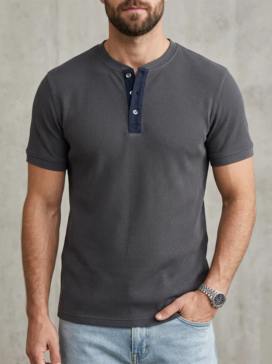 Refined Waffle-Knit Button-Placket Men's Short-Sleeve Henley Shirt