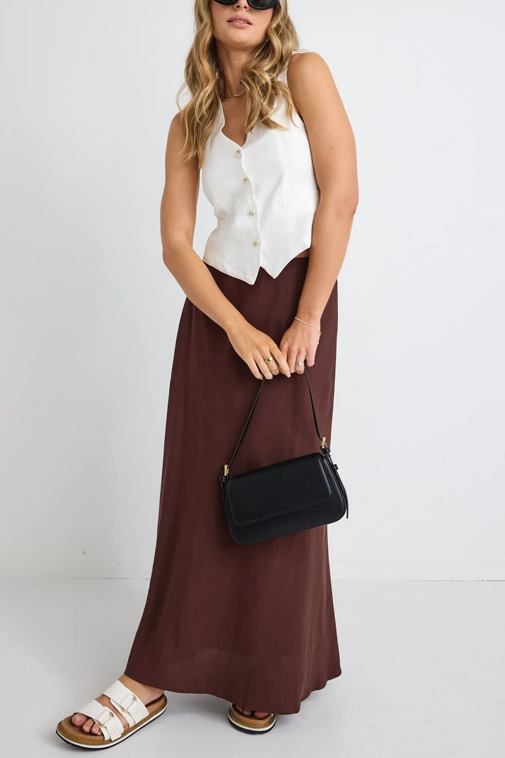 Brown Solid Color Midi Skirt