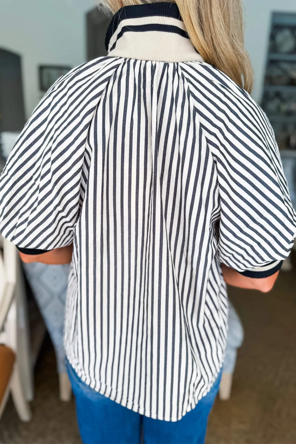 Black Stripe Polo Collar Half Sleeve Blouse