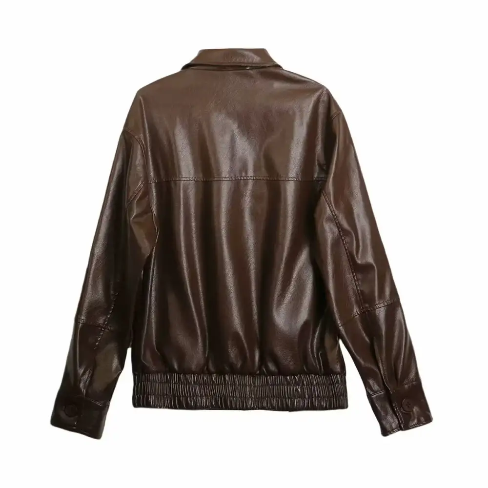 Oversized Faux Leather Shirt Collar Zip Front Bomber Jacket