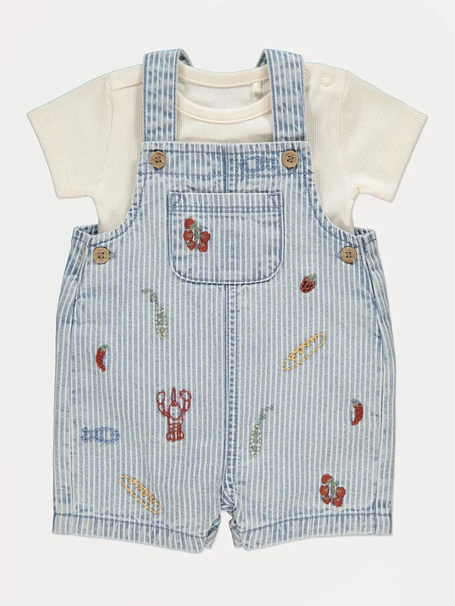 Striped Food Embroidered Dungaree Outfit