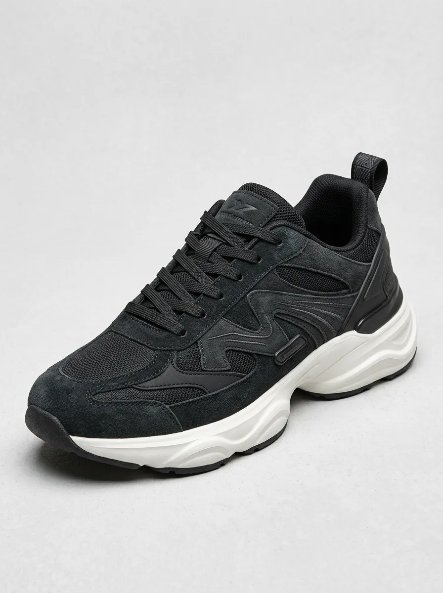 Men's Black Minimalist Black Suede Mesh Athletic Sneakers