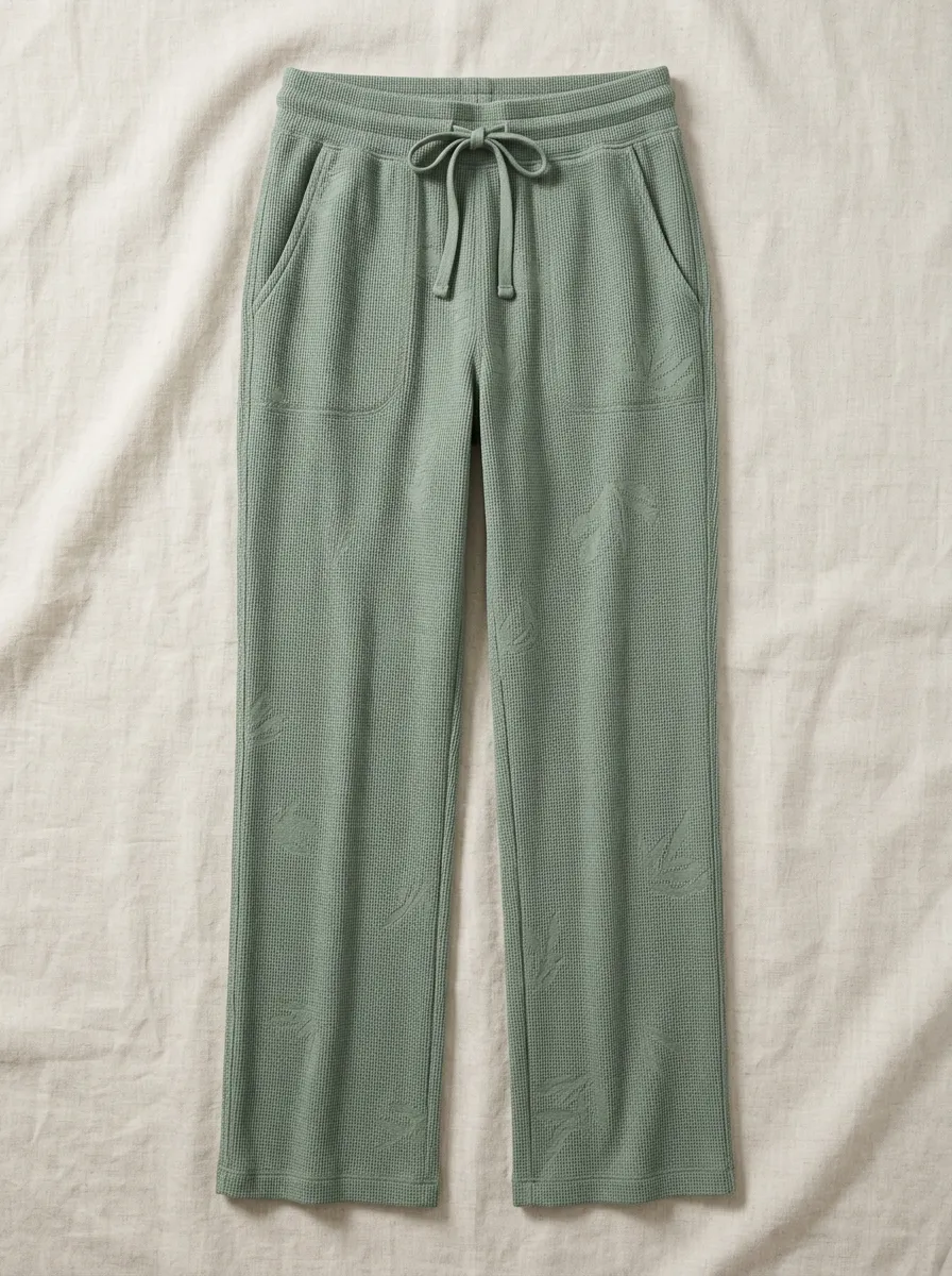 Women's Sage Green Botanical Leaf Printed Waffle Knit Lounge Pants