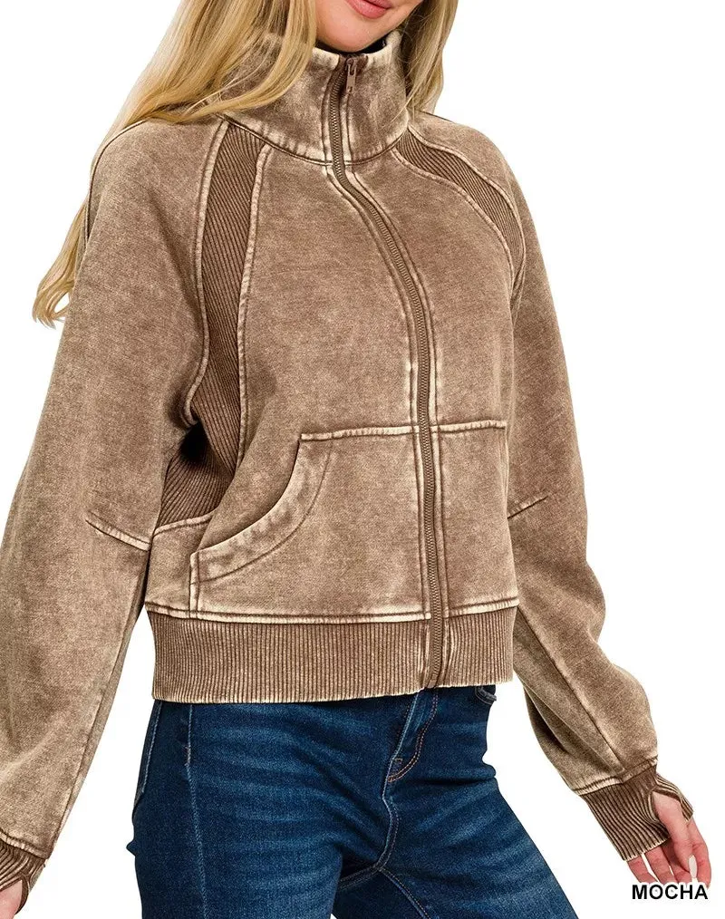 Acid Wash Zip Up Fleece Jacket