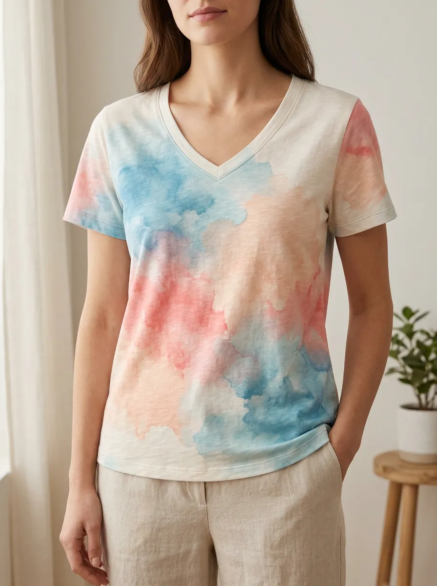 Women's Layered Watercolor Abstract Print V-Neck T-Shirt