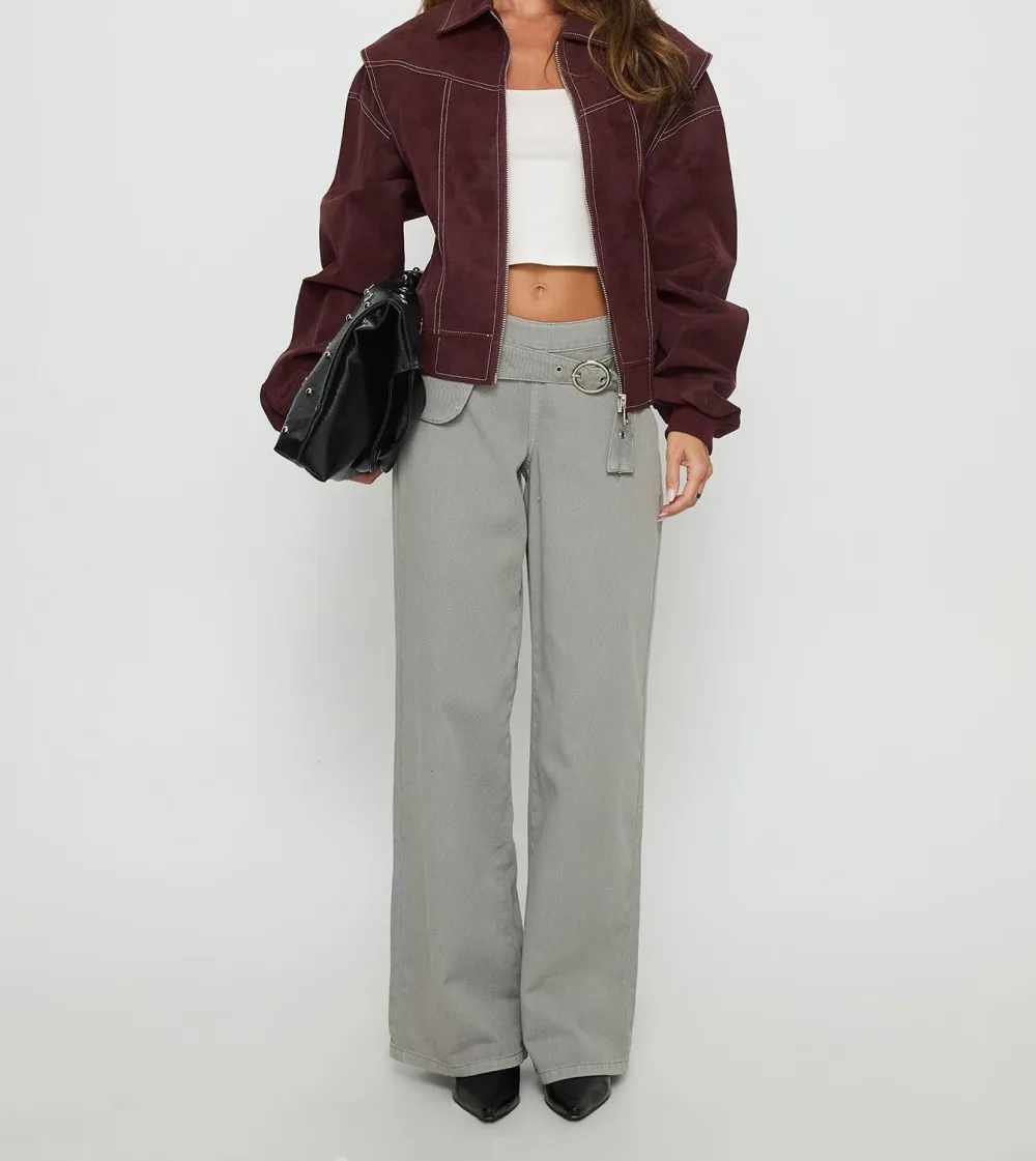 Burgundy Faux Suede Bomber Jacket