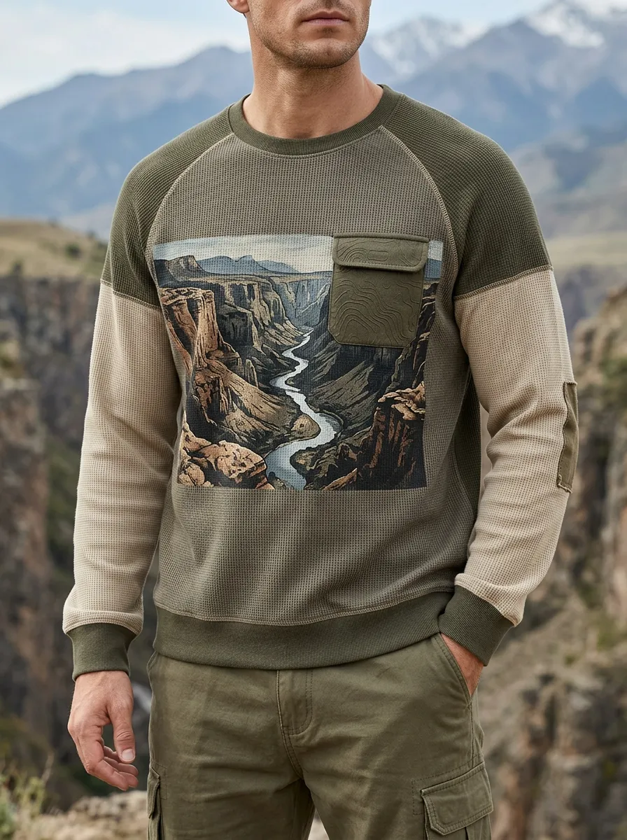Men's Olive & Khaki Colorblock Graphic Printed Waffle Crewneck Sweatshirt