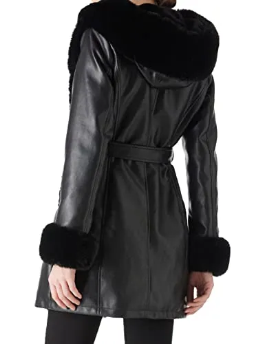 Women's Faux Leather Fleece Lined Coat Winter Hooded Zip-up Parka with Belt