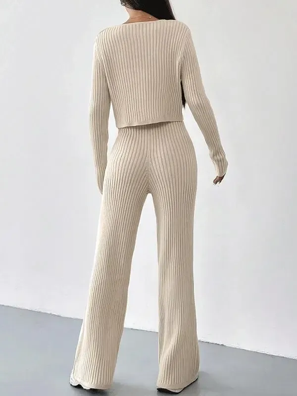 Ribbed Knit Cardigan And Knit Trouser Set