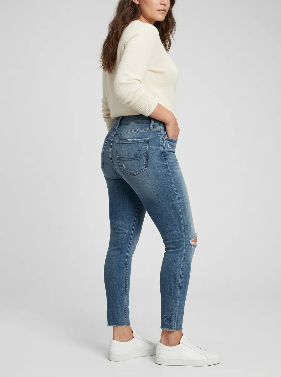 Women's Butterfly Lover Distressed Hem Printed Slim Jeans