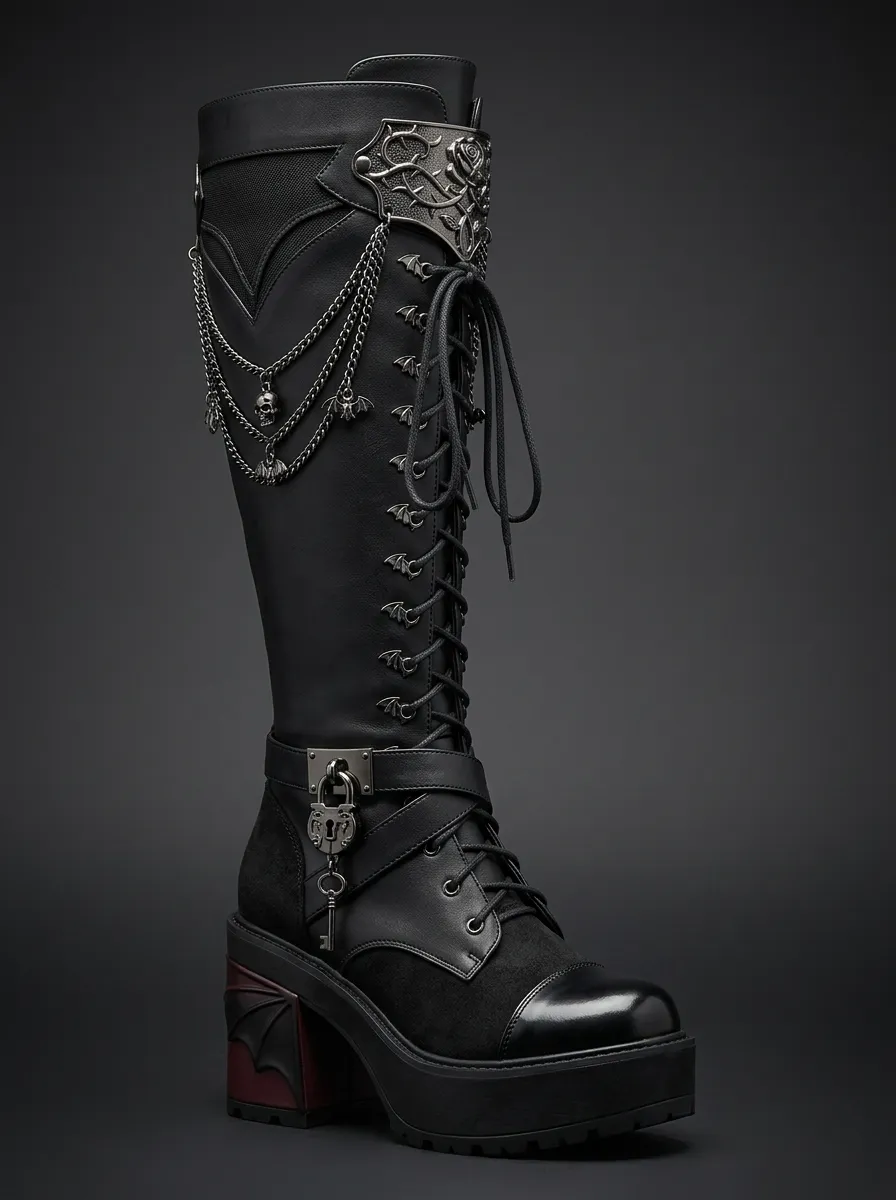 Classic Gothic Skull Bat Chain Style Women's Gothic Platform Boots
