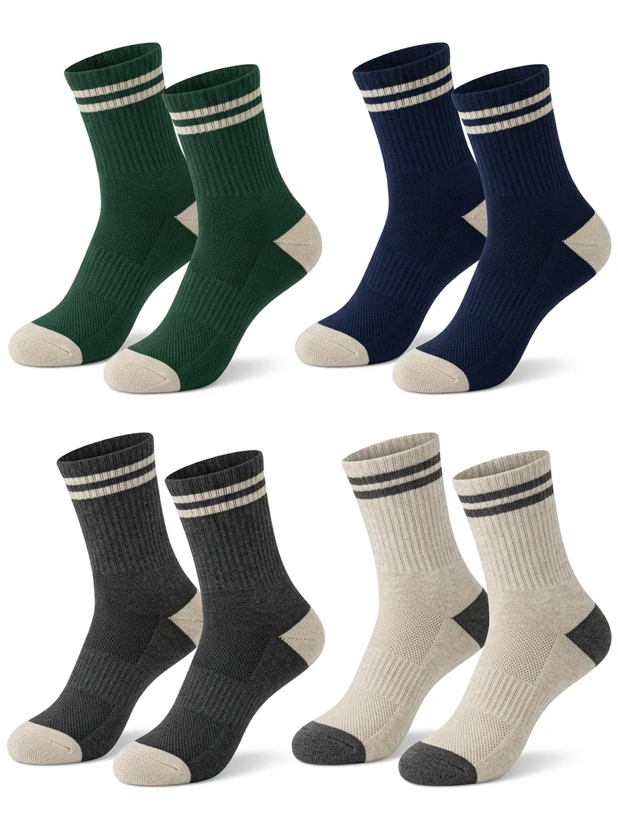 Men's Double-Stripe Contrast-Heel Ribbed Crew Sock Set