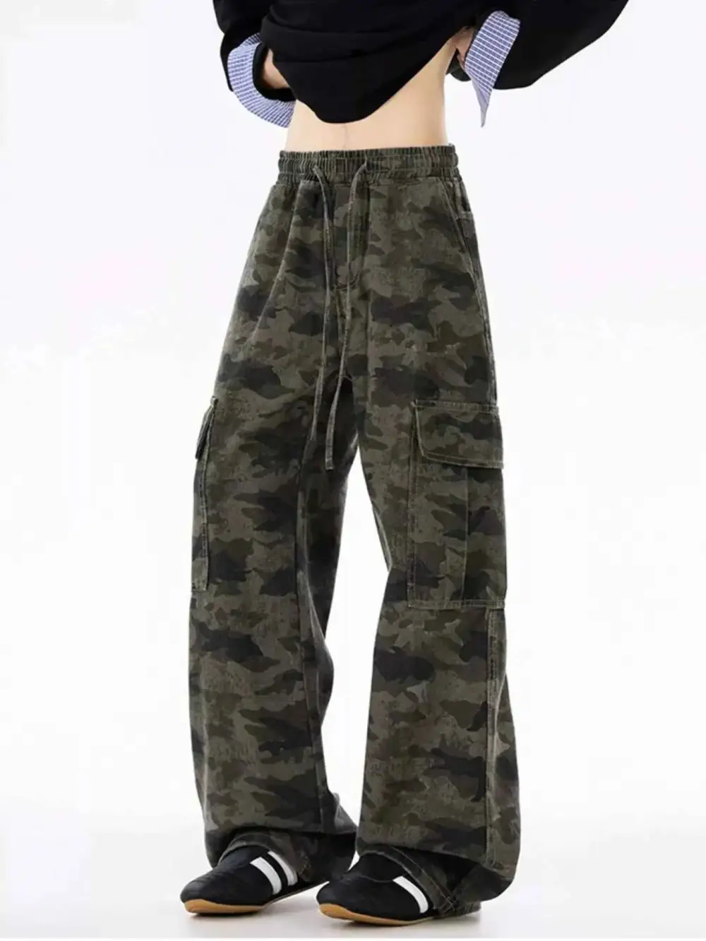 Drawstring Camouflage Wide Leg Pants