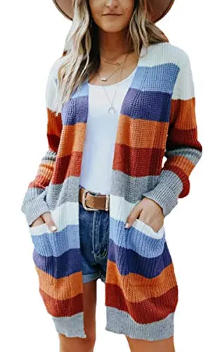 Womens Cardigan Color Block Striped Draped Kimono Cardigans Long Sleeve Open Front Casual Knit Sweaters Coat Outwear