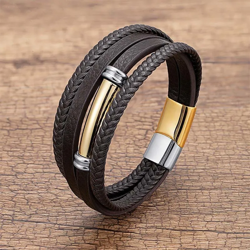 Multi Layered Simple Design Leather Titanium Steel Bracelet
