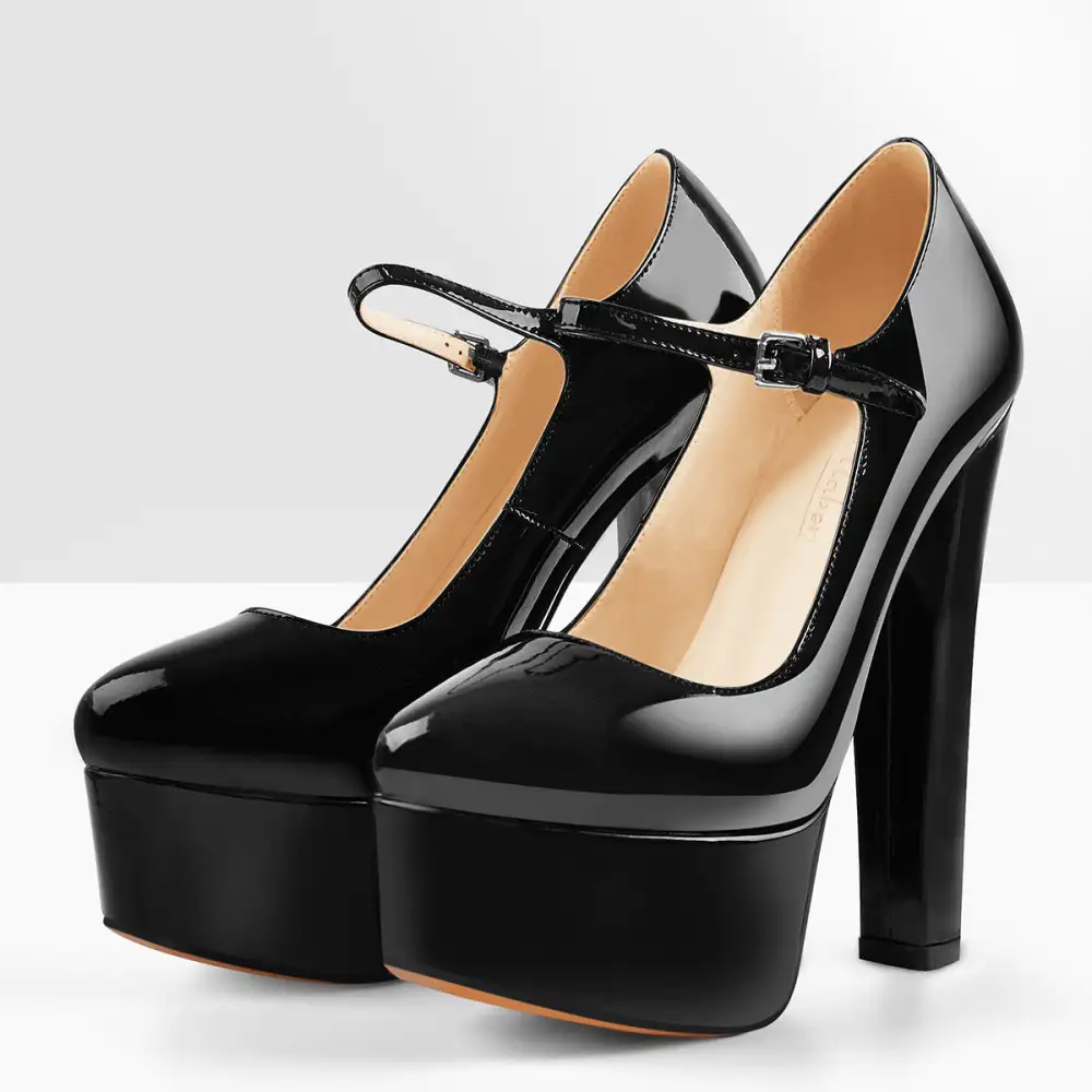 Modern Patent Finish Round Toe Platform Chunky Heel Ankle Strap Pumps