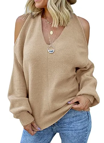 Women's Cold Shoulder Oversized Sweaters Batwing Long Sleeve Square Neck Chunky Knit Fall Tunic Sweater Tops