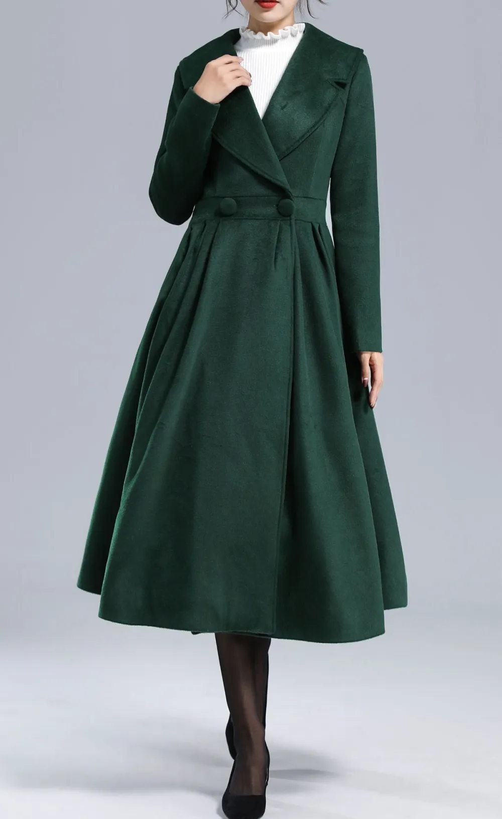 Textured Wool Blend Fit and Flare Double Breasted Lapel Collar Pleated Long Coat