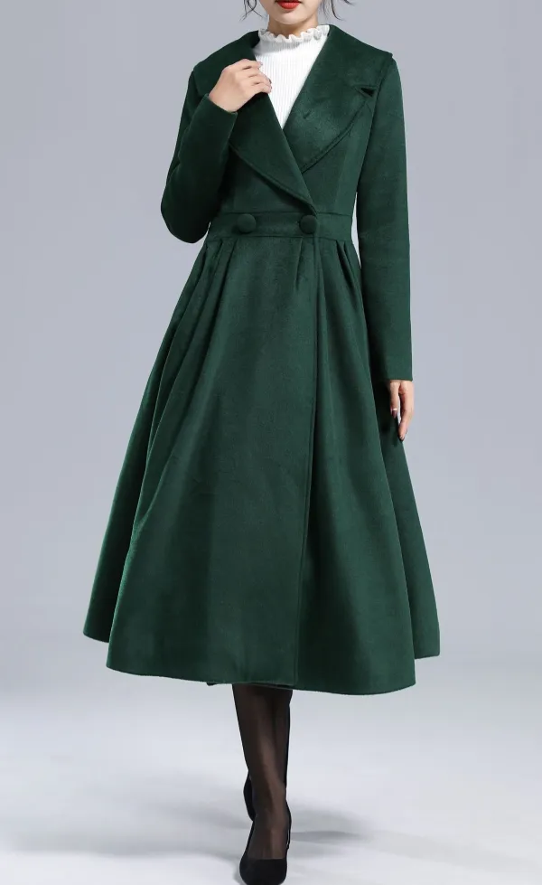 Textured Wool Blend Fit and Flare Double Breasted Lapel Collar Pleated Long Coat