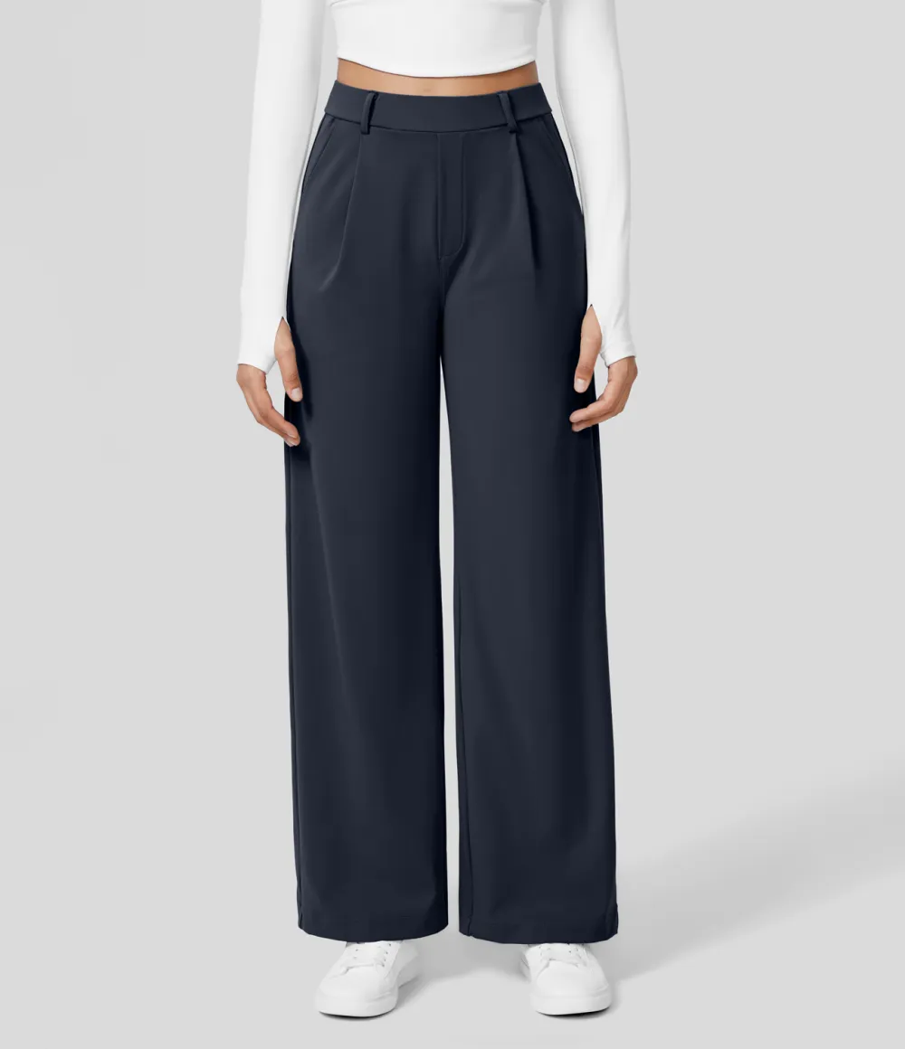 2026🔥  High Waisted Plicated Side Pocket Straight Leg Work Pants