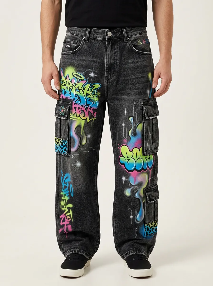 Men's Graffiti Neon Print Cargo Jeans