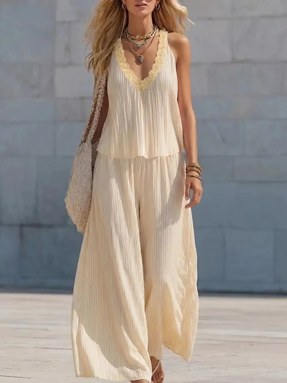 Striped V Neck Tank and Wide Leg Pants Set