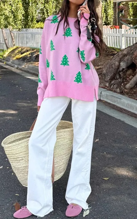 Women's Pink Tree Knit Sweater