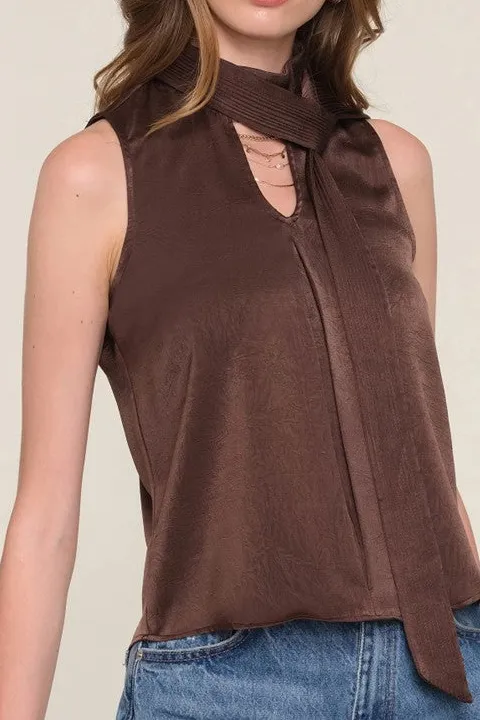 Women's Brown Scarf Neck Sleeveless Blouse