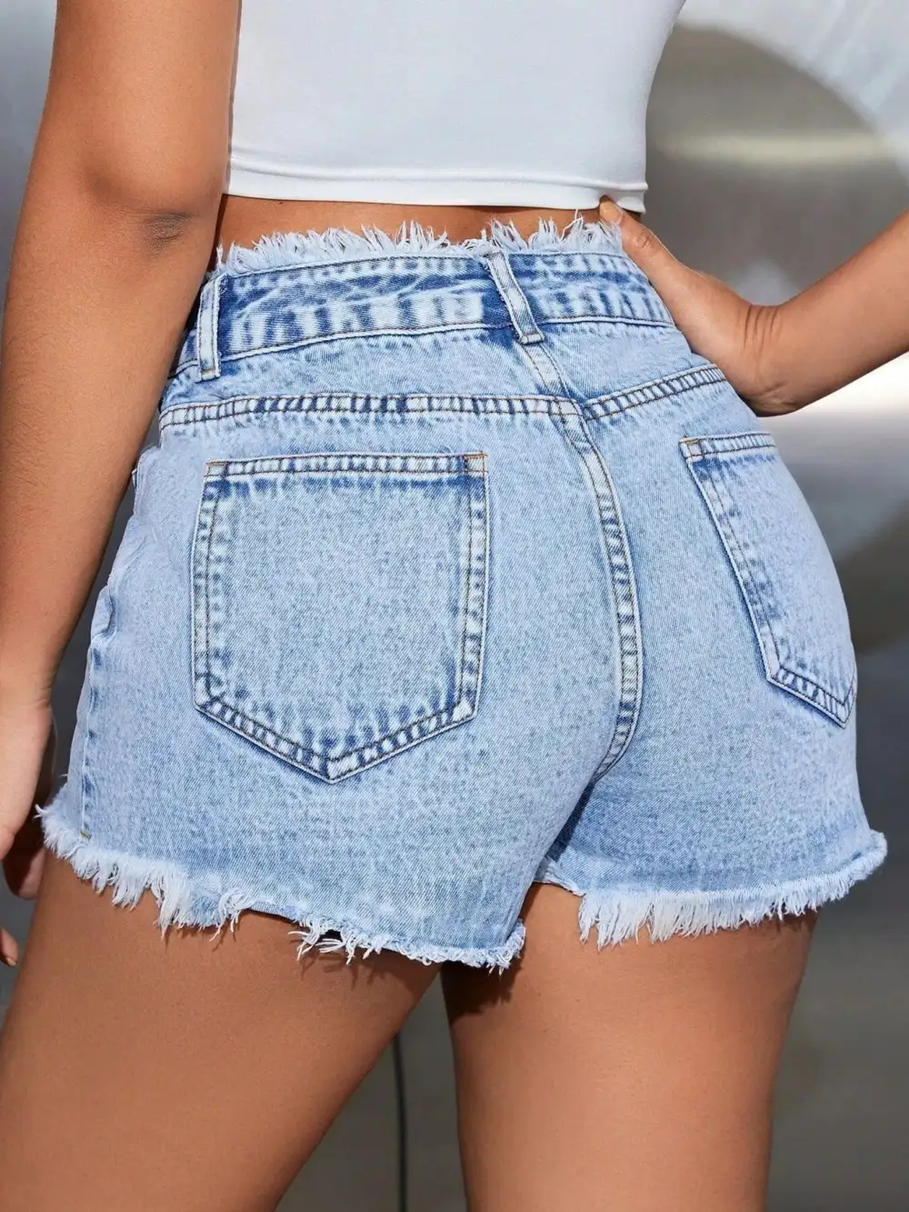 High Waisted Frayed Hem Shorts Denim Pants