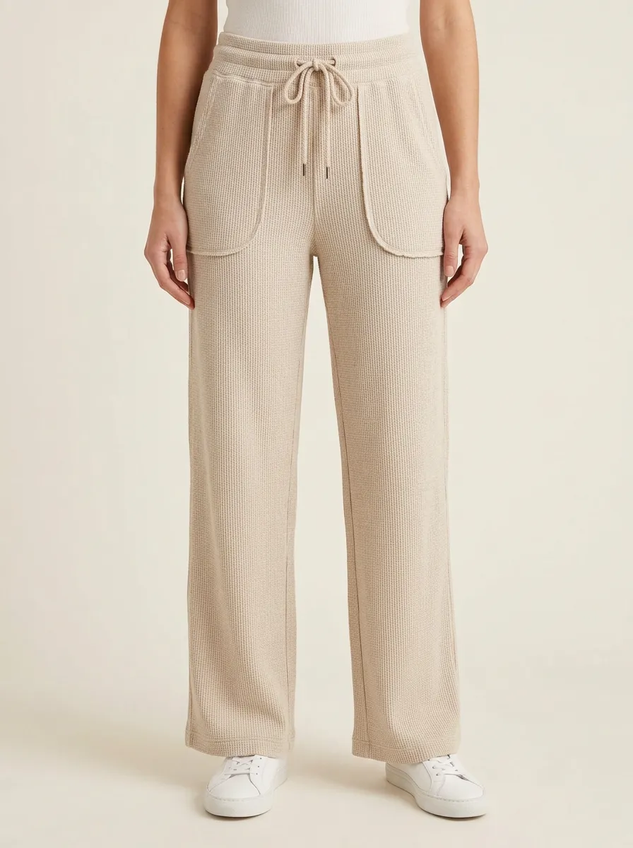 Women's Casual Lounge Waffle Knit Drawstring Wide Leg Pants