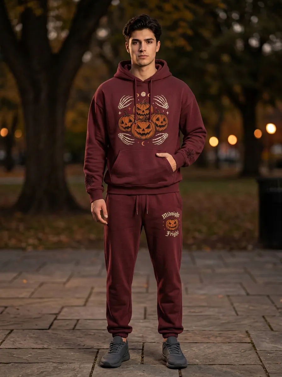 Men's Halloween Charcoal Pumpkin Skeleton Kangaroo-Pocket Hoodie Jogger Set